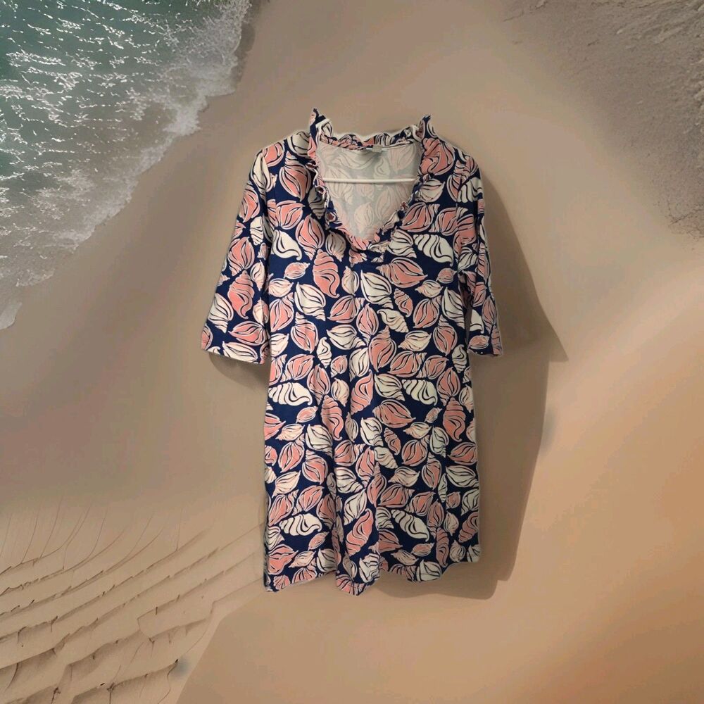 Haley & the Hound Tunic sz L Ruffled Neck Coastal Boating Preppy USA Made